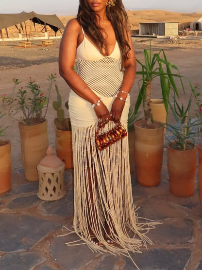 Mesh Waist-baring Pleated Hip-hugging Fringe Dress