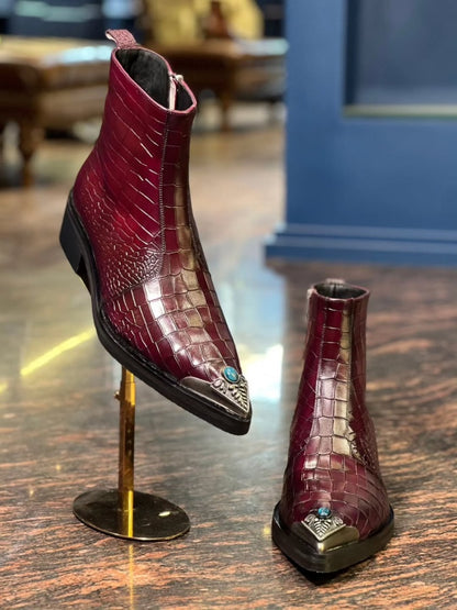 Croc-embossed Burgundy Boots With Turquoise-tipped Metal
