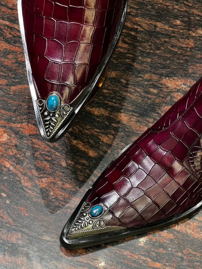 Croc-embossed Burgundy Boots With Turquoise-tipped Metal