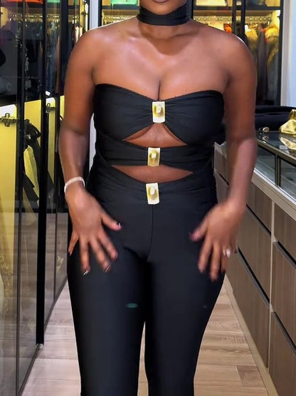 Metal Stitching Hollow Chest Wrap Black Tight Jumpsuit