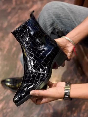 Men's All-black Patent Leather Crocodile Boots