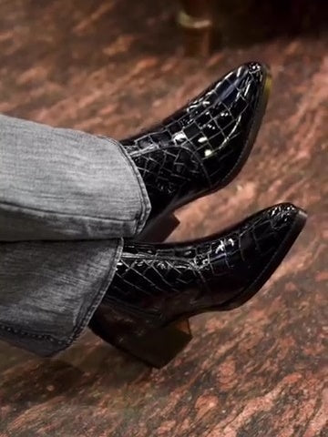 Men's All-black Patent Leather Crocodile Boots