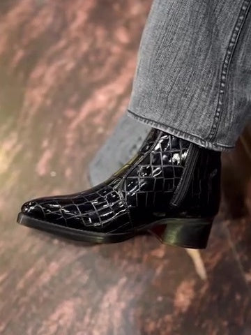 Men's All-black Patent Leather Crocodile Boots