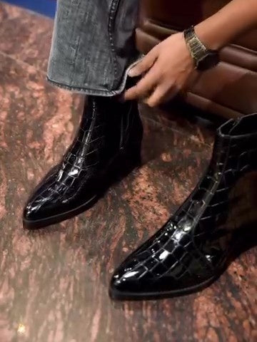 Men's All-black Patent Leather Crocodile Boots