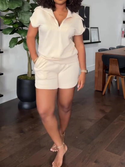 Half Zip Lapel Top High Waisted Shorts Tracksuit