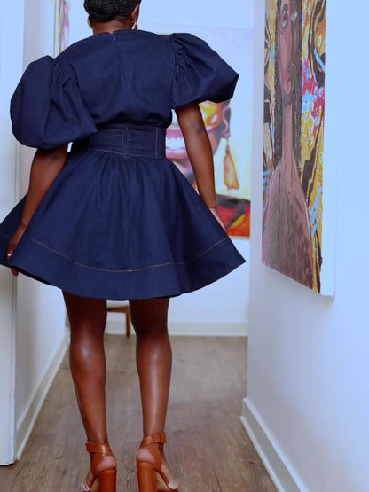 V-neck Waisted Denim Mini Dress