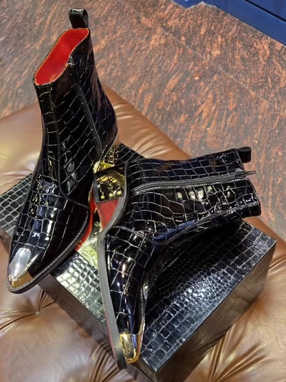Men's Patent Leather Crocodile Textured Pointed Toe Boots