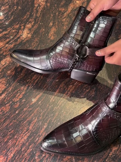 Men's Pointed Toe Crocodile Leather Boots