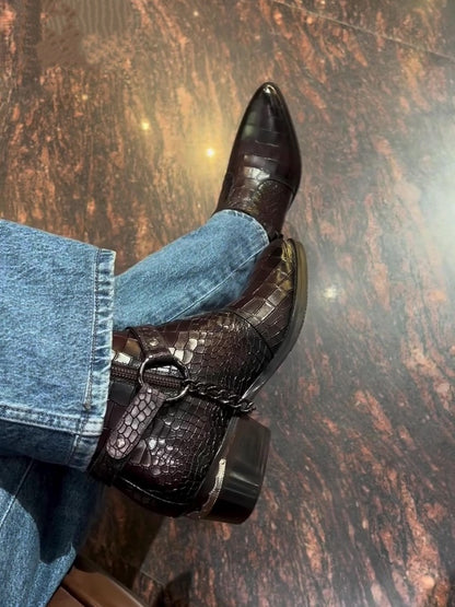 Men's Pointed Toe Crocodile Leather Boots