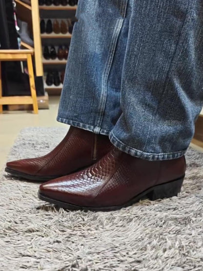 Men's Crocodile-print Pointed Leather Boots