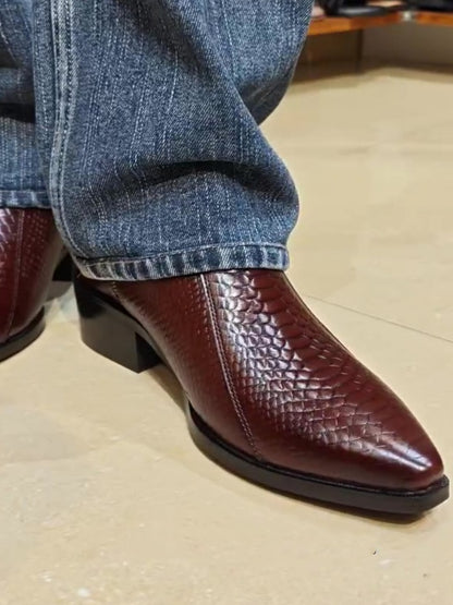 Men's Crocodile-print Pointed Leather Boots