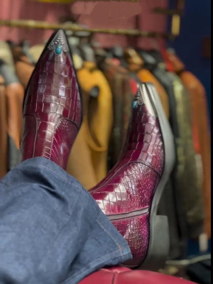 Croc-embossed Burgundy Boots With Turquoise-tipped Metal