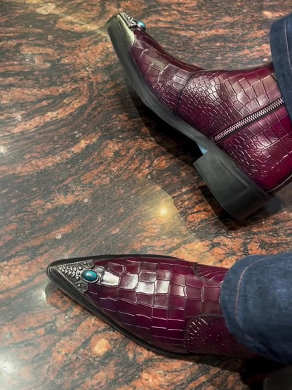 Croc-embossed Burgundy Boots With Turquoise-tipped Metal