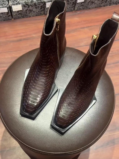 Men's Snake Texture Zipper Leather Boots