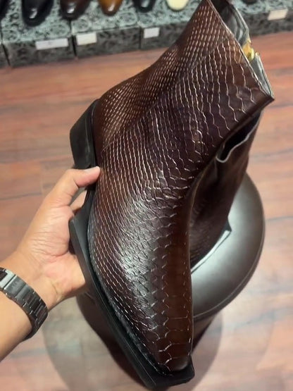 Men's Snake Texture Zipper Leather Boots