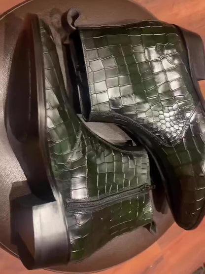 Men's Crocodile Texture Cuban Leather Boots