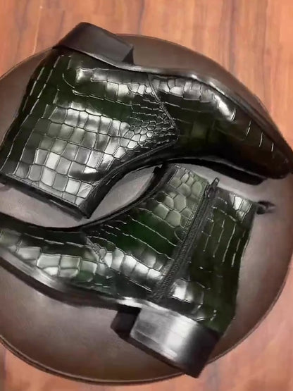 Men's Crocodile Texture Cuban Leather Boots