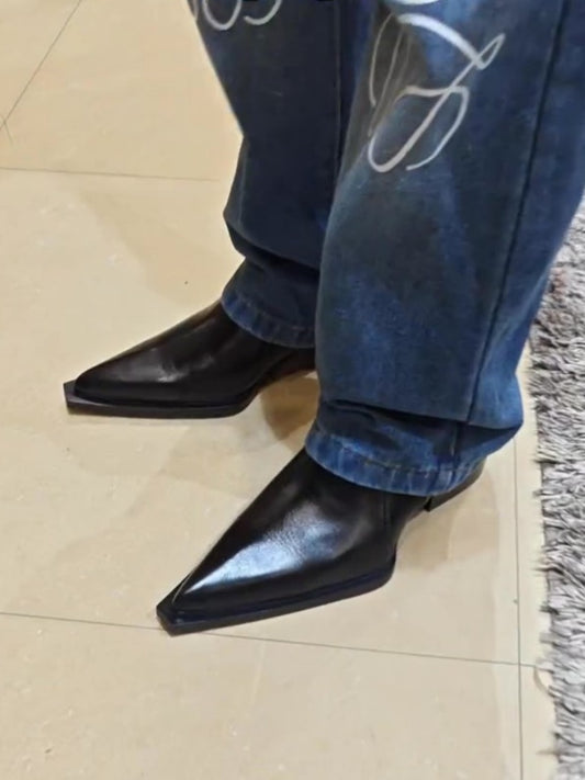 Men's Pointed Toe Chunky Heel Short Leather Boots