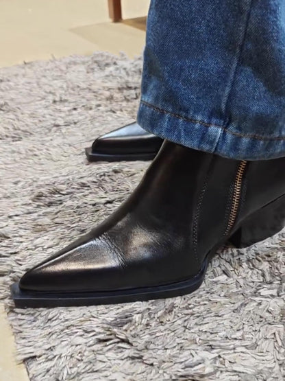 Men's Pointed Toe Chunky Heel Short Leather Boots