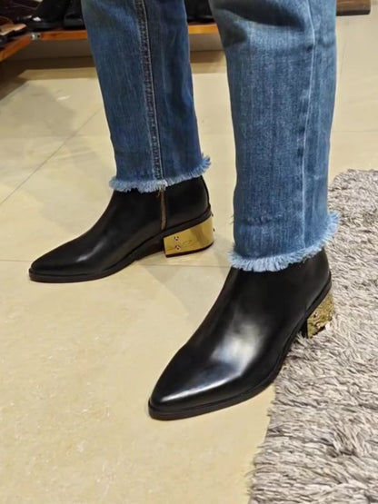 Black Gold-heeled Pointed Boots