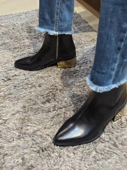 Black Gold-heeled Pointed Boots