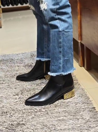 Black Gold-heeled Pointed Boots