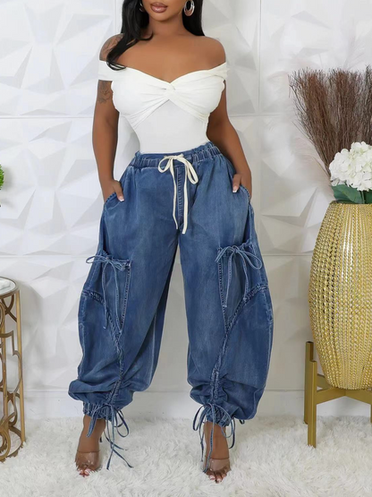 Elasticated Waist Drawstring Tie Drawstring Straight Leg Jeans