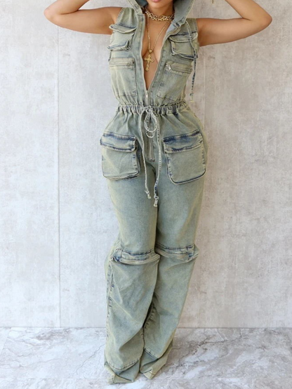 Hooded Tooling Stretch Denim Jumpsuit