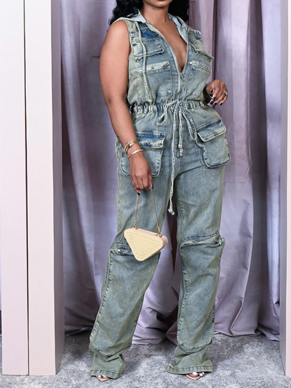 Hooded Tooling Stretch Denim Jumpsuit