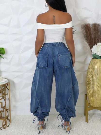 Elasticated Waist Drawstring Tie Drawstring Straight Leg Jeans