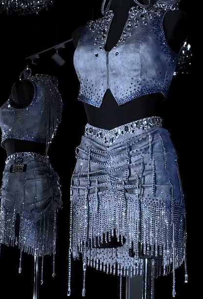 Dazzle Rhinestone Denim Skirt 2pc Set