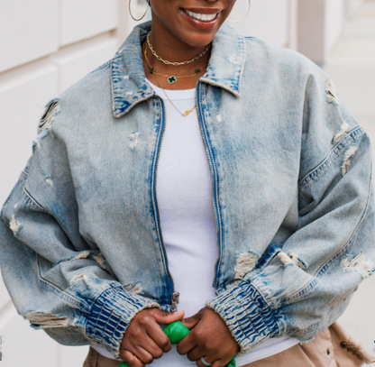 Ripped Denim Bomber Jacket
