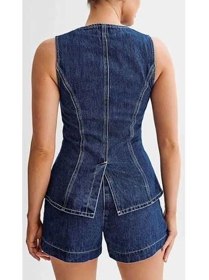 Sleeveless Jean Blazer Vest Top And Shorts 2 Piece Set