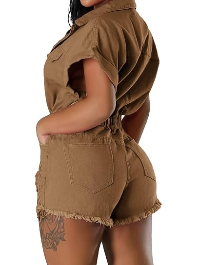 Ripped Denim Short Jumpsuit