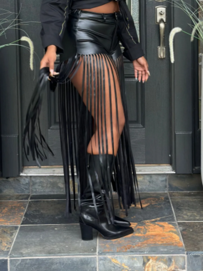 Imitation Leather Fringed Pants