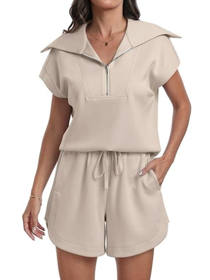 Half Zip Lapel Top High Waisted Shorts Tracksuit