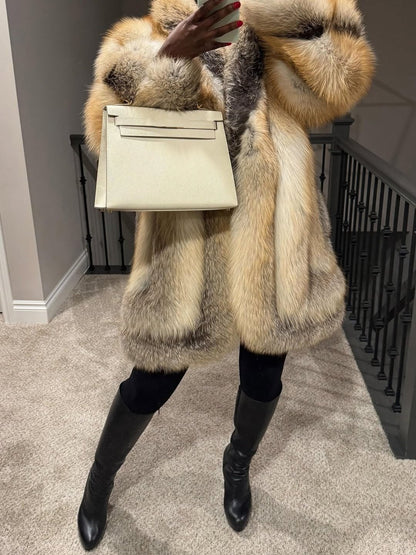 Eco-friendly Silver Fox Fur Mid-Length Coat