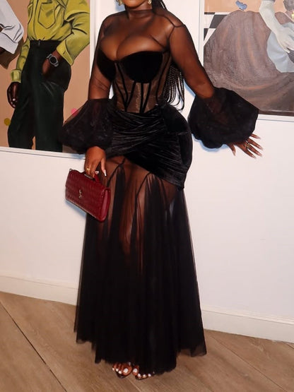 Fishbone Pleated Hip Wrap Mesh Patchwork Long Sleeve Dress