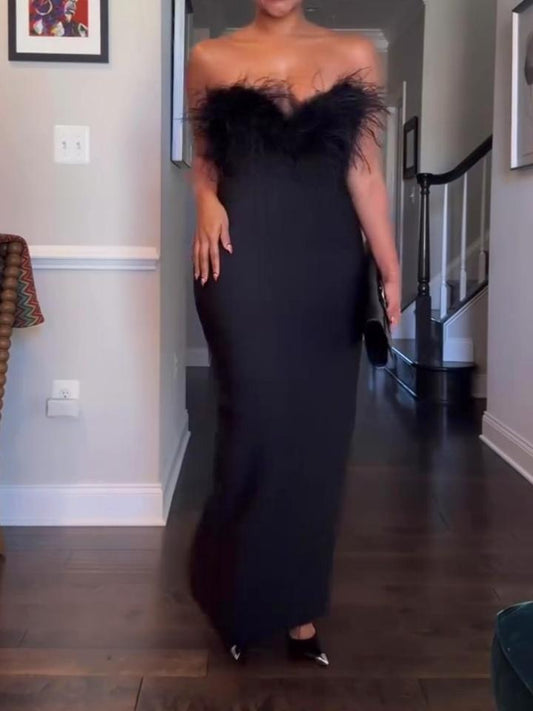 Black Feather Strapless Dress