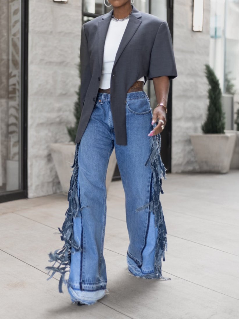 Denim Wideleg Fringe Jeans