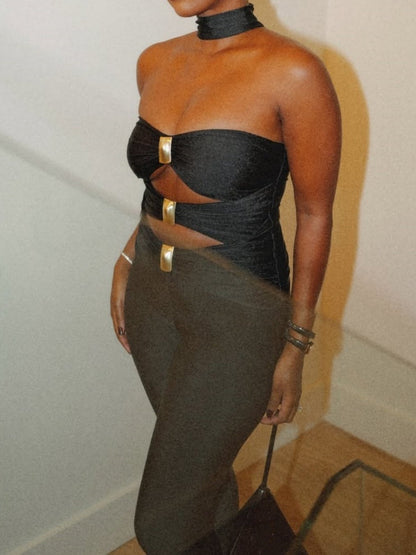 Metal Stitching Hollow Chest Wrap Black Tight Jumpsuit