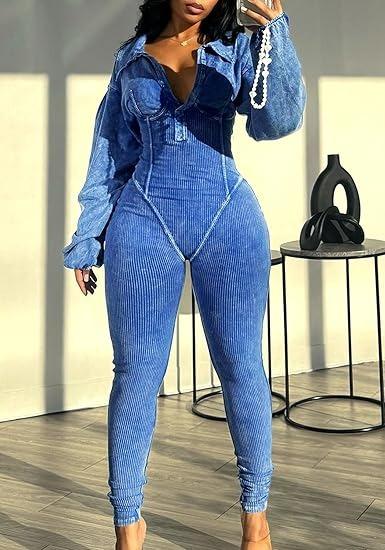 Sexy Ribbed Patchwork Bodycon Long Sleeve Jumpsuit