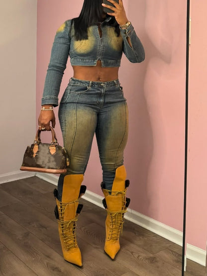 Denim Biker Crop Long Sleeve Jacket And Bootcut Jeans Set