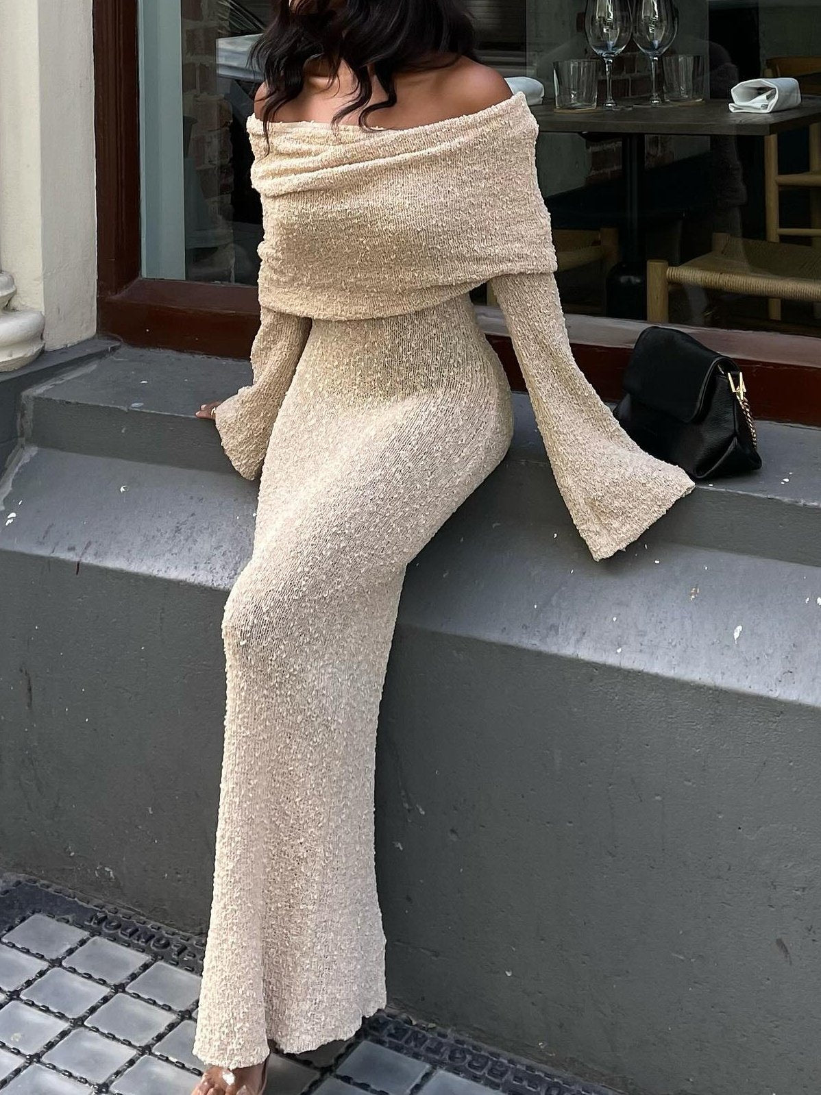 Long-sleeved Knitted Off-shoulder Dress