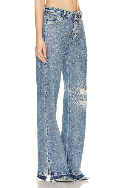 Denim Rhinestone Sparkle Fashion Distressed Wide Leg Jeans