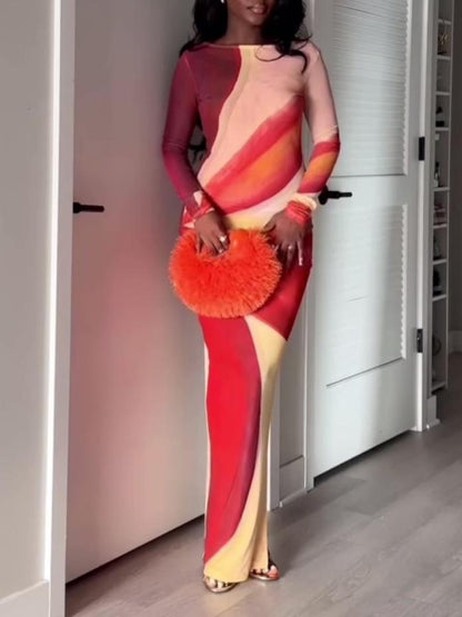 Round Neck Sexy Mesh Printed Slim Maxi Dress