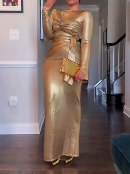 Gold Pleated Slim Dress
