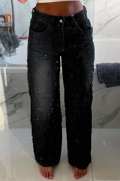 Full Diamanté Embelished Wide Leg Denim Jeans