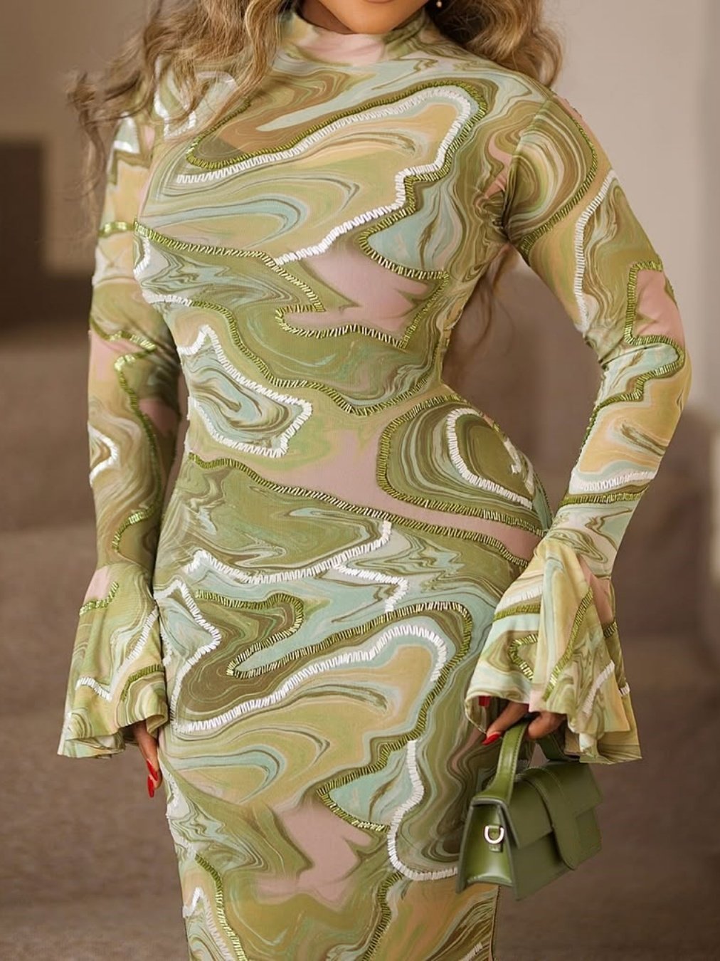Spliced Printed Bell Sleeve Slim Maxi Dress