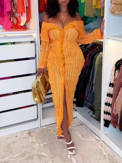 Off Shoulder See Through Pleated Button Down Slit Bodycon Maxi Dress